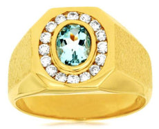 1.12CT DIAMOND & AAA AQUAMARINE 14KT YELLOW GOLD 3D OVAL & ROUND BEZEL MENS RING