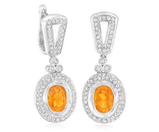 2.15CT DIAMOND & AAA CITRINE 14K WHITE GOLD OVAL & ROUND FLOWER HANGING EARRINGS