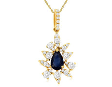 .88CT DIAMOND & AAA SAPPHIRE 14KT YELLOW GOLD PEAR SHAPE FLOWER FLOATING PENDANT