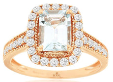 2.52CT DIAMOND & AAA AQUAMARINE 14KT ROSE GOLD EMERALD CUT & ROUND FILIGREE RING