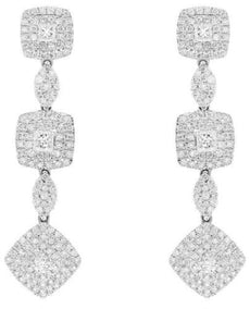LARGE 2.18CT DIAMOND 14KT WHITE GOLD 3D PRINCESS & ROUND SQUARE HANGING EARRINGS