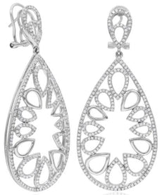 LARGE 2.34CT DIAMOND 14K WHITE GOLD 3D FLORAL TEAR DROP CLIP ON HANGING EARRINGS