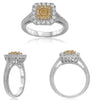 .73CT WHITE & FANCY YELLOW DIAMOND 18KT TWO TONE GOLD 3D ROUND & CUSHION RING