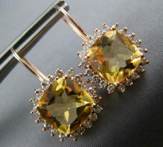 LARGE 8.08CT DIAMOND & AAA YELLOW TOPAZ 14KT ROSE GOLD CUSHION HANGING EARRINGS