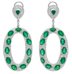 LARGE 22.77CT DIAMOND & AAA EMERALD 18K WHITE GOLD OVAL & ROUND HANGING EARRINGS