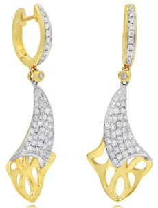1.10CT WHITE DIAMOND 14K YELLOW GOLD 3D FLORAL TEAR DROP HUGGIE HANGING EARRINGS