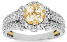 0.91CT WHITE & FANCY YELLOW DIAMOND 14K 2 TONE GOLD ROUND CLUSTER FRIENDSHIP RING