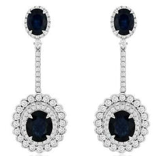 LARGE 11.9CT DIAMOND & SAPPHIRE 14KT WHITE GOLD 3D OVAL & ROUND HANGING EARRINGS