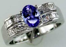 1.05CT DIAMOND & AAA TANZANITE 14K WHITE GOLD 3D OVAL ROUND & BAGUETTE LOVE RING