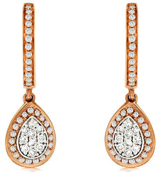 .44CT DIAMOND 14KT WHITE & ROSE GOLD ROUND PEAR SHAPE TEAR DROP HANGING EARRINGS