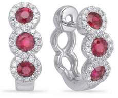 .79CT DIAMOND & AAA RUBY 14KT WHITE GOLD ROUND 3 STONE HUGGIE HANGING EARRINGS