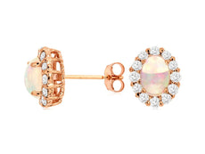 ESTATE 1.60CT DIAMOND & AAA OPAL 14K ROSE GOLD OVAL & ROUND FLOWER STUD EARRINGS