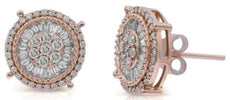 1.04CT DIAMOND 14KT ROSE GOLD 3D ROUND & BAGUETTE CLASSIC FLOWER STUD EARRINGS