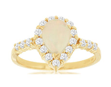 1.15CT DIAMOND & AAA OPAL 14KT YELLOW GOLD 3D PEAR SHAPE & ROUND HALO FUN RING