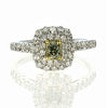 .90CT WHITE & FANCY YELLOW DIAMOND 18KT 2 TONE GOLD DOUBLE HALO ENGAGEMENT RING