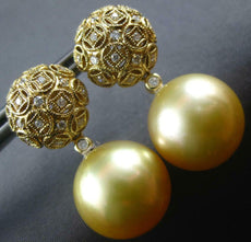 ESTATE LARGE .30CT DIAMOND & AAA GOLDEN SOUTH SEA PEARL 18K YELLOW GOLD EARRINGS