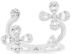 .54CT DIAMOND 14KT WHITE GOLD 3D ROUND & BAGUETTE DOUBLE FLOWER CLUSTER FUN RING