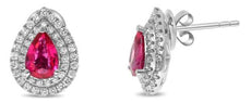 1.88CT DIAMOND & AAA RUBY 18K WHITE GOLD ROUND & PEAR SHAPE DOUBLE HALO EARRINGS