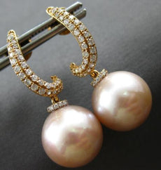 LARGE .48CT DIAMOND & AAA PINK SOUTH SEA PEARL 18KT ROSE GOLD HANGING EARRINGS