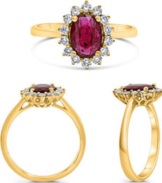 1.39CT DIAMOND & AAA RUBY 14K YELLOW GOLD 3D OVAL & ROUND FLOWER ENGAGEMENT RING