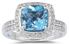 2.81CT DIAMOND & AAA BLUE TOPAZ 14KT WHITE GOLD CUSHION & ROUND HALO FUN RING