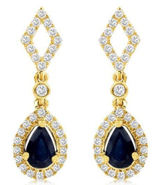 1.54CT DIAMOND & AAA SAPPHIRE 14KT YELLOW GOLD PEAR SHAPE HALO HANGING EARRINGS
