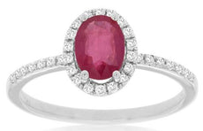 1.07CT DIAMOND & AAA RUBY 14KT WHITE GOLD 3D OVAL & ROUND HALO ENGAGEMENT RING