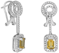 1.38CT DIAMOND & AAA CITRINE 14K WHITE GOLD EMERALD CUT & ROUND CLIP ON EARRINGS
