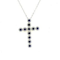 1.15CT DIAMOND & AAA SAPPHIRE 18K WHITE GOLD MULTI FLOWER CROSS FLOATING PENDANT