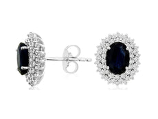 2.50CT DIAMOND & AAA SAPPHIRE 14KT WHITE GOLD 3D OVAL TRIPLE HALO STUD EARRINGS