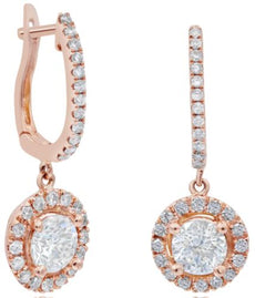 1.28CT DIAMOND 14KT ROSE GOLD 3D ROUND CLASSIC SOLITAIRE HALO HANGING EARRINGS