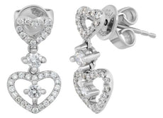 ESTATE .53CT DIAMOND 18KT WHITE GOLD CLASSIC DOUBLE HEART LOVE HANGING EARRINGS