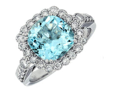 3.25CT DIAMOND & AAA BLUE TOPAZ 14KT WHITE GOLD CUSHION & ROUND FLOWER LOVE RING