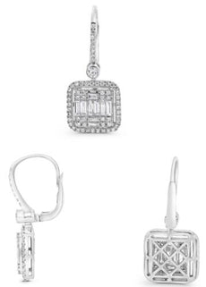 1.52CT DIAMOND 14K WHITE GOLD 3D ROUND & BAGUETTE INVISIBLE SQUARE HALO EARRINGS