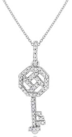 .15CT DIAMOND 14KT WHITE GOLD 3D ROUND KEY TO YOUR HEART LOVE FLOATING PENDANT