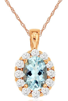.98CT DIAMOND & AAA AQUAMARINE 14KT ROSE GOLD 3D CLASSIC FLOWER FLOATING PENDANT