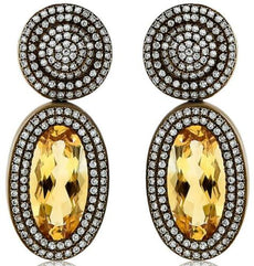 LARGE 4.62CT DIAMOND & AAA CITRINE 14K YELLOW & BLACK GOLD HALO HANGING EARRINGS