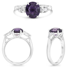 3.48CT DIAMOND & AAA PURPLE SAPPHIRE PLATINUM 3D ROUND & PEAR SHAPE 3 STONE RING