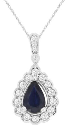 1.13CT DIAMOND & AAA SAPPHIRE 14K WHITE GOLD PEAR SHAPE & ROUND FLOATING PENDANT