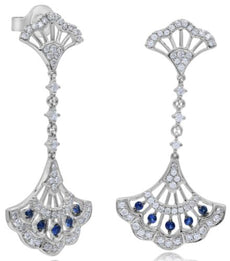 .65CT DIAMOND & AAA SAPPHIRE 14K WHITE GOLD FILIGREE FLORAL FUN HANGING EARRINGS