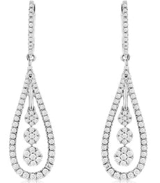 ESTATE .69CT DIAMOND 14KT WHITE GOLD 3D MULTI FLOWER TEAR DROP HANGING EARRINGS