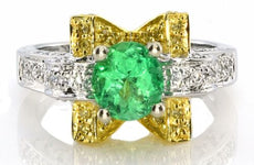 1.38CT WHITE & CANARY DIAMOND & AAA EMERALD 18KT 2 TONE GOLD 3D ENGAGEMENT RING