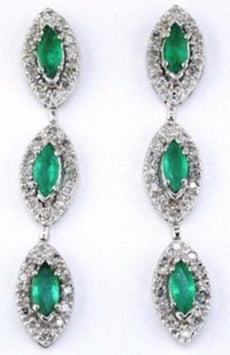 2.05CT DIAMOND & AAA EMERALD 14K WHITE GOLD 3D MARQUISE & ROUND HANGING EARRINGS