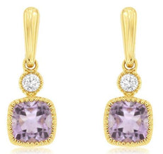 .33CT DIAMOND & AAA AMETHYST 14KT YELLOW GOLD CUSHION & ROUND HANGING EARRINGS