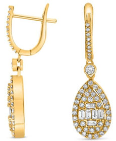 1.06CT DIAMOND 14K YELLOW GOLD 3D ROUND & BAGUETTE PEAR SHAPE INVISIBLE EARRINGS