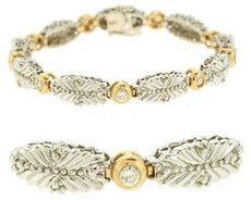 .93CT DIAMOND 14KT 2 TONE GOLD ROUND BEZEL FLORAL LINK FILIGREE TENNIS BRACELET