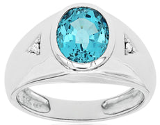 3.29CT DIAMOND & AAA BLUE TOPAZ 14KT WHITE GOLD 3D OVAL & ROUND BEZEL MENS RING