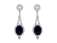 3.57CT DIAMOND & AAA SAPPHIRE 14KT WHITE GOLD OVAL HALO HEART HANGING EARRINGS