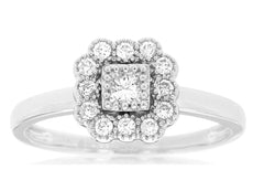 0.30CT DIAMOND 14KT WHITE GOLD 3D ROUND FILIGREE SQUARE FLOWER ENGAGEMENT RING