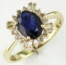 1.65CT DIAMOND & AAA SAPPHIRE 14KT YELLOW GOLD OVAL ROUND & BAGUETTE FLOWER RING